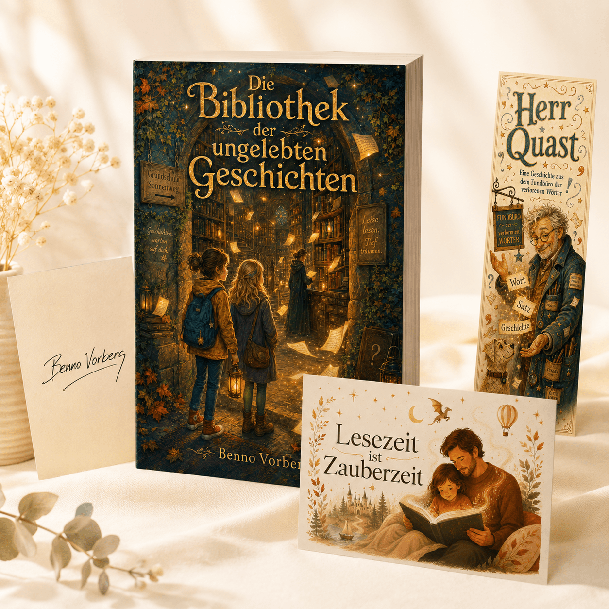 Geschenkpaket „Die Bibliothek der ungelebten Geschichten“ – handsigniertes Kinderbuch mit Postkarte und Lesezeichen – Bild 2