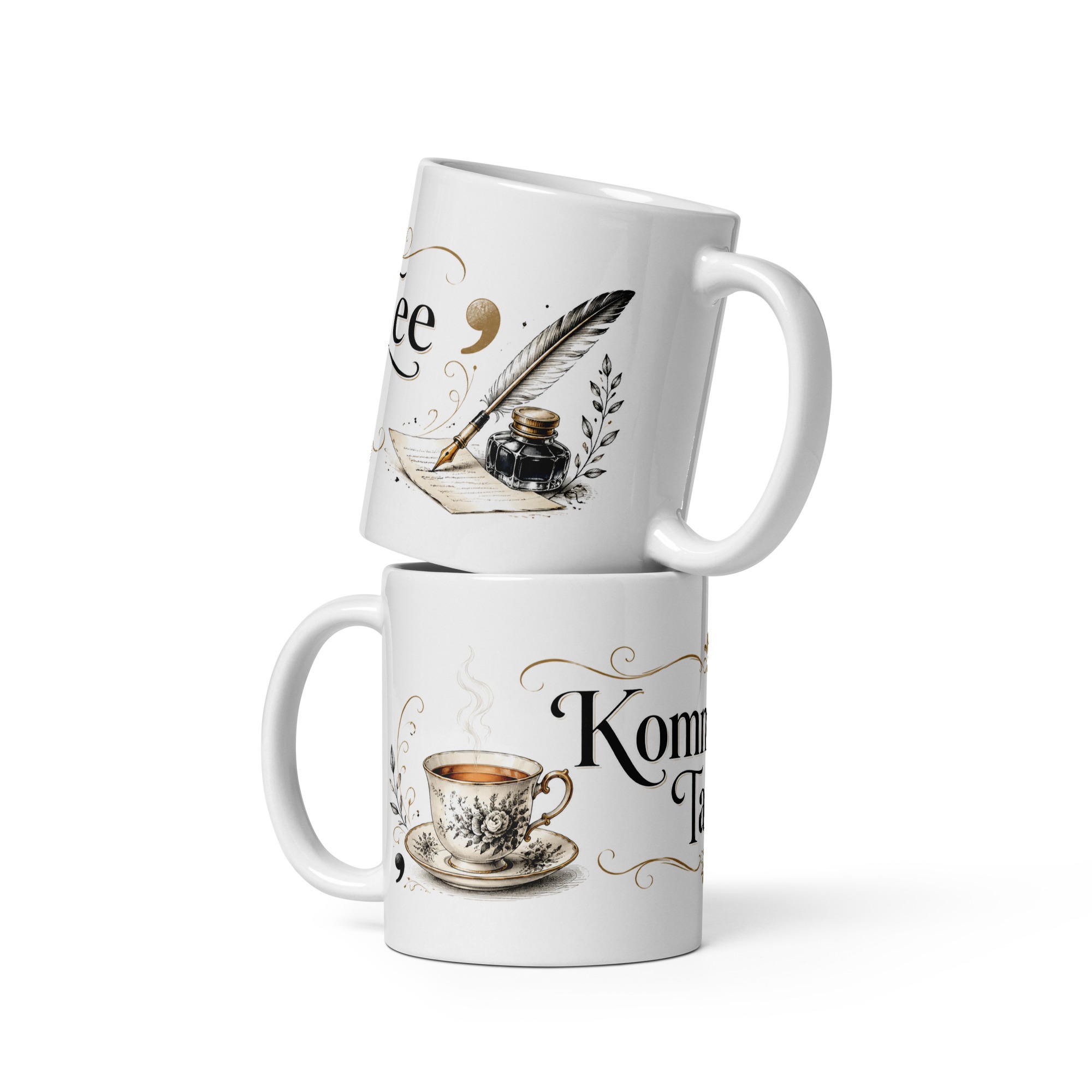 Weiße, glänzende Komma-Tee-Tasse