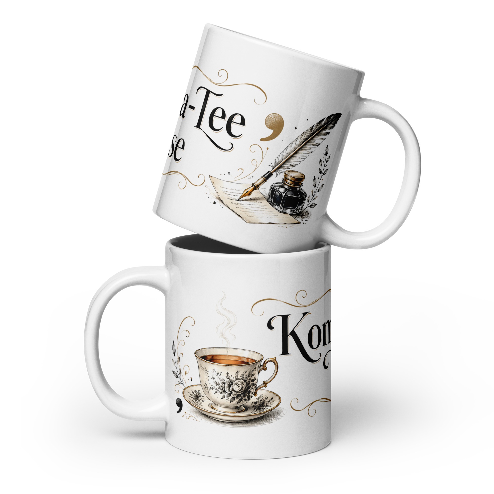 Weiße, glänzende Komma-Tee-Tasse – Bild 3